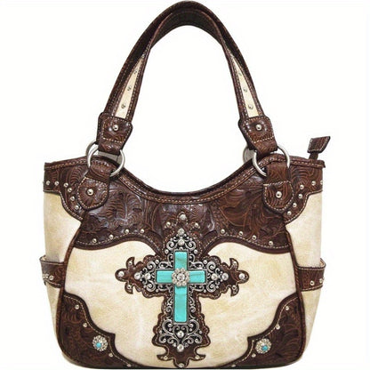 1pc Western Style Faux Leather Handbag with Rhinestone Cross and Conchos, Studded Shoulder Bag with Trifold Wallet Set Beige #2 Black Set Coffee Set Beige #2-Black Set-Coffee Set-Turquoise Set-