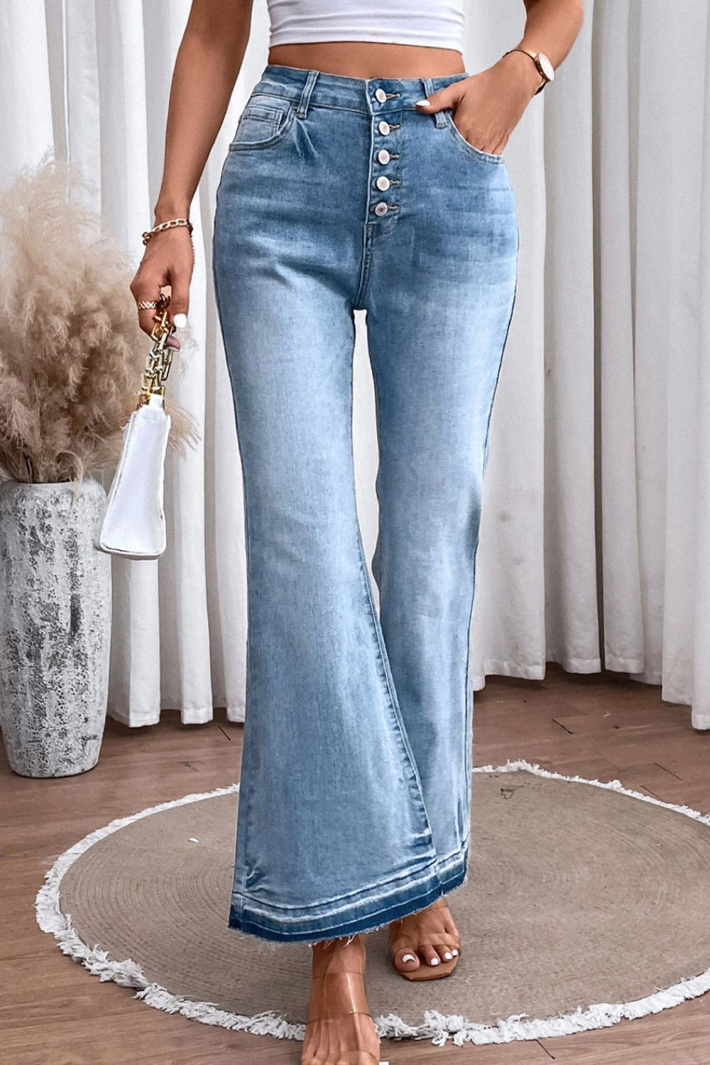 High Waist Button Fly Flared Jeans Medium / 10 Medium / 14 Medium / 8 Medium / 10-Medium / 14-Medium / 8-Medium / 12-Medium / 16-