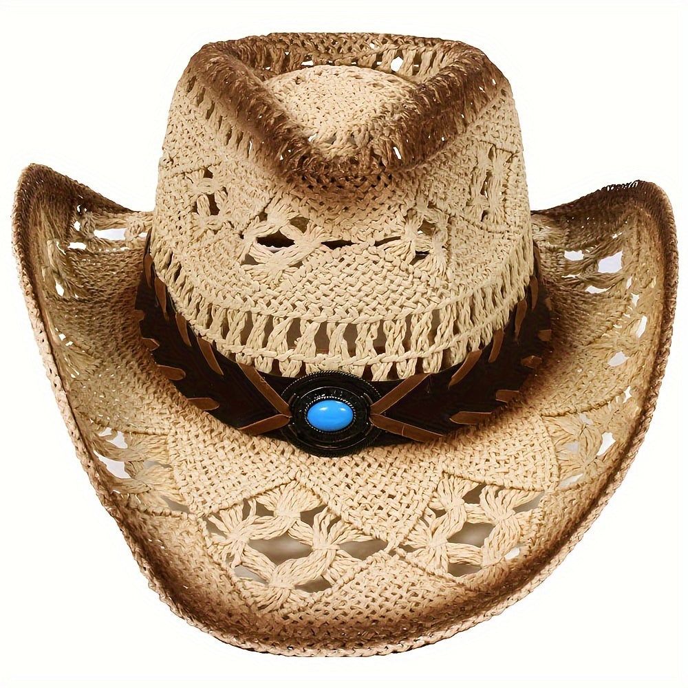 1pc Men's Woven Straw Cowboy Hat - Fashionqueene.com