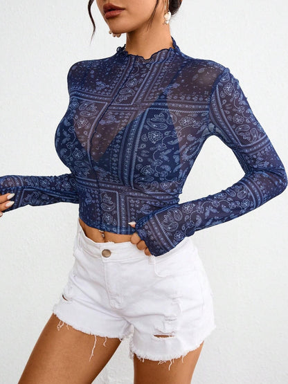 Paisley Mock Neck Long Sleeve Sheer Top Dark Blue / M Dark Blue / XL Dark Blue / S Dark Blue / M-Dark Blue / XL-Dark Blue / S-Dark Blue / L-Dark Blue / 2XL-