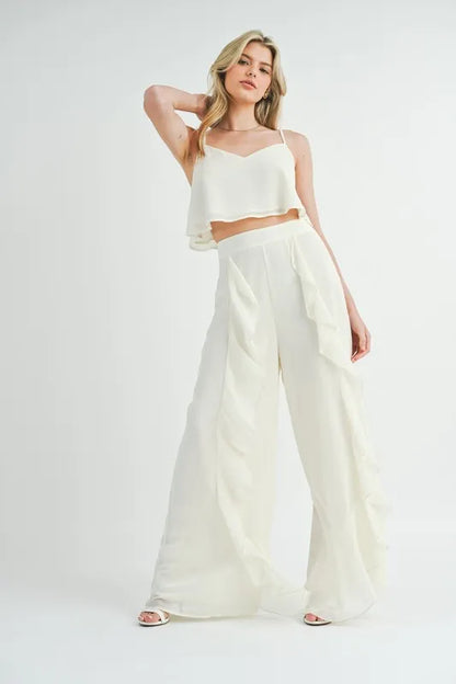 MABLE Crop Cami and Ruffled Wide Leg Pants Set Cream / S Cream / L Cream / M Cream / S-Cream / L-Cream / M-