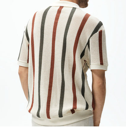 Chunky Knit Short-Sleeve Polo Shirt With Stripes And Contrast Colors, Casual Wear
