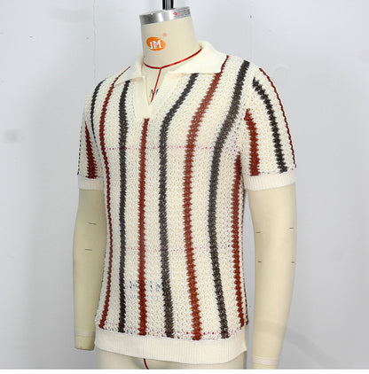 Chunky Knit Short-Sleeve Polo Shirt With Stripes And Contrast Colors, Casual Wear