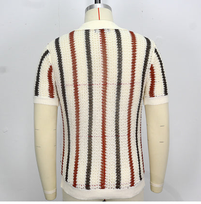 Chunky Knit Short-Sleeve Polo Shirt With Stripes And Contrast Colors, Casual Wear