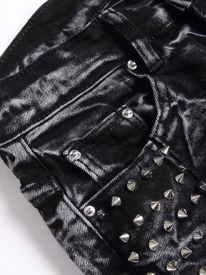 Men's Slim-Fit Rivet-Studded Denim Jeans - Punk Style, Stretch Cotton Blend Black / 30 Black / 32 Black / 34 Black / 30-Black / 32-Black / 34-Black / 36-Black / 38-