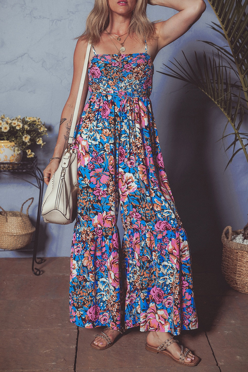 Floral Smocked Spaghetti Straps Wide Leg Jumpsuit Floral / M Floral / L Floral / XL Floral / M-Floral / L-Floral / XL-Floral / S-