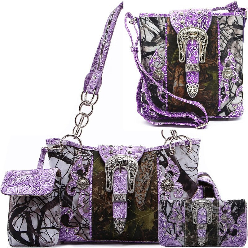 Camouflage Purse with Concho Buckle and Floral Studs Crossbody Handbag Shoulder Bag Wallet Set 4piece Set Black 4piece Set Turquoise 4piece Set Black-4piece Set Turquoise-