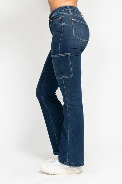Judy Blue Full Size High Waist Cargo Bootcut Jeans Plus Size DK / 1(25) DK / 3(26) DK / 5(27) DK / 1(25)-DK / 3(26)-DK / 5(27)-DK / 7(28)-DK / 9(29)-DK / 11(30)-DK / 13(31)-DK / 15(32)-DK / 14W-DK / 16W-DK / 18W-DK / 20W-DK / 22W-DK / 24W-DK / 0(24)-