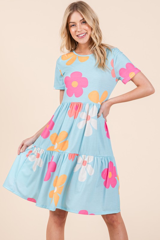 BOMBOM Floral Round Neck Short Sleeve Tiered Dress Pastel  Blue / S Pastel  Blue / M Pastel  Blue / L Pastel  Blue / S-Pastel  Blue / M-Pastel  Blue / L-Pastel  Blue / XL-