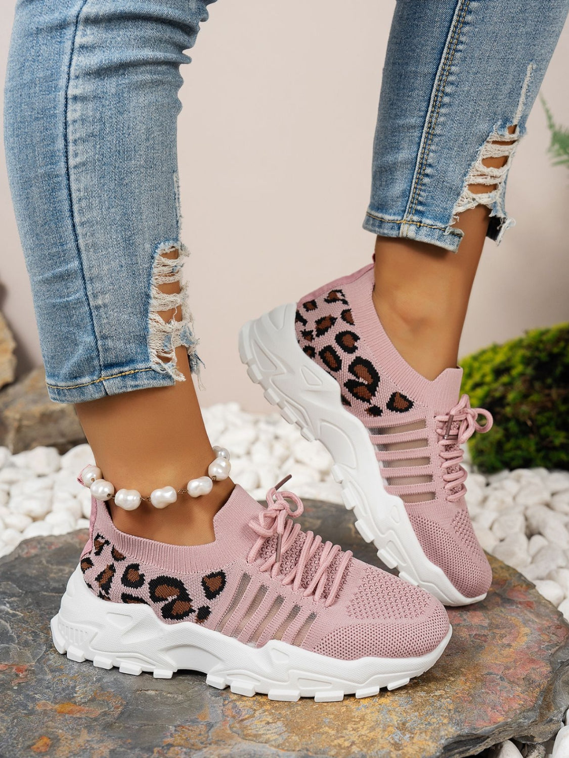 Cutout Leopard Lace Up Mesh Athletic Dusty Pink
