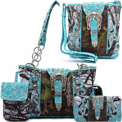 Camouflage Purse with Concho Buckle and Floral Studs Crossbody Handbag Shoulder Bag Wallet Set 4piece Set Black 4piece Set Turquoise 4piece Set Black-4piece Set Turquoise-