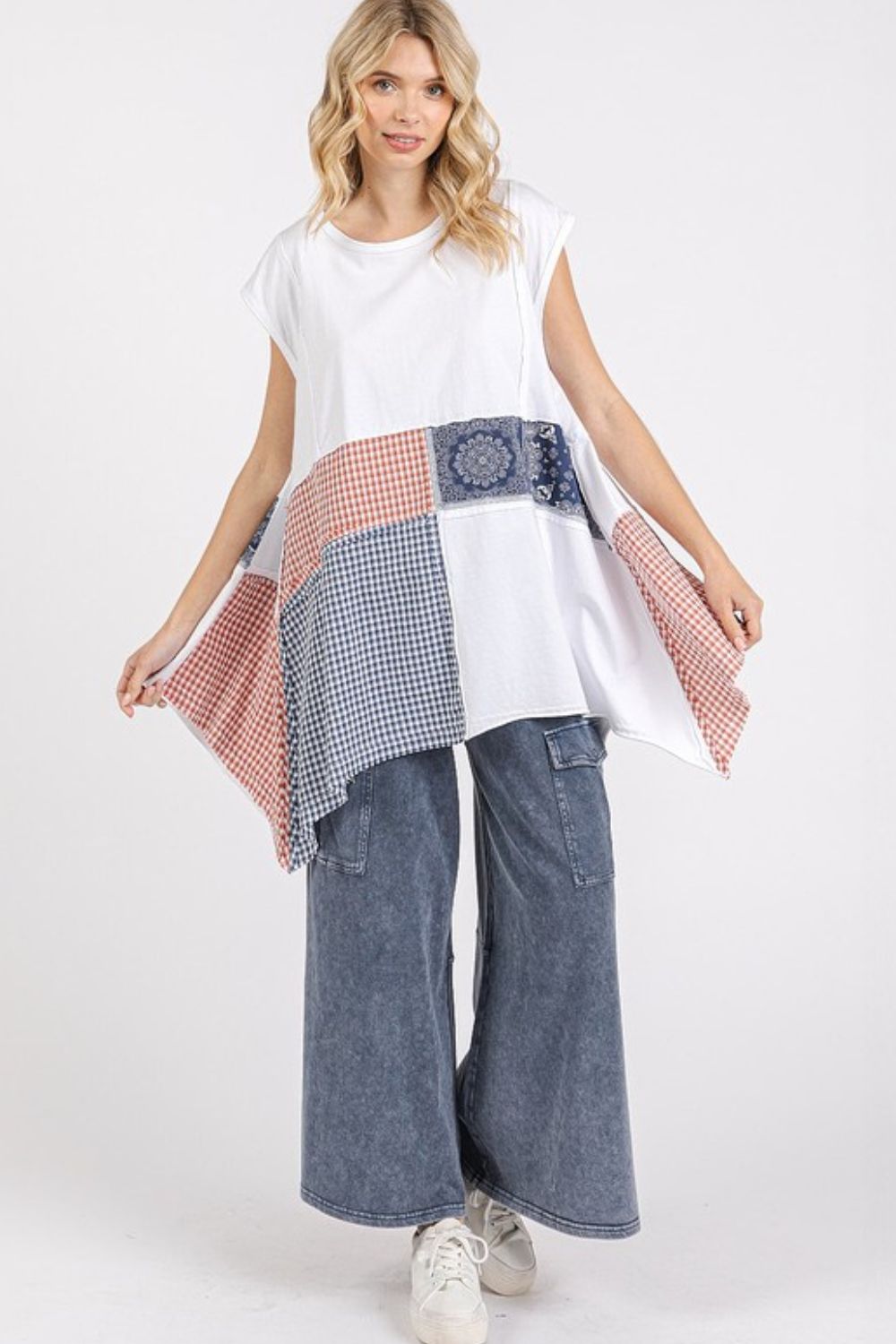 Mittoshop Patchwork Mineral Washed Round Neck Cap Sleeve Top White / S White / M White / L White / S-White / M-White / L-