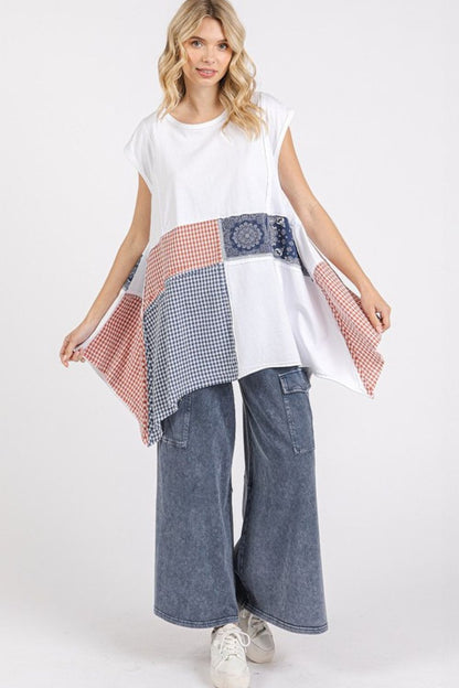 Mittoshop Patchwork Mineral Washed Round Neck Cap Sleeve Top White / S White / M White / L White / S-White / M-White / L-