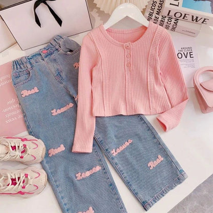 2 Pcs Girls Clothing Set  Wide Leg Jeans - Fashionqueene.com-outfit set