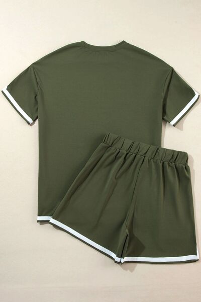 Contrast Trim Tee and Shorts Set Army Green / S Army Green / M Army Green / L Army Green / S-Army Green / M-Army Green / L-Black / XL-Black / M-Army Green / XL-Black / L-Black / S-