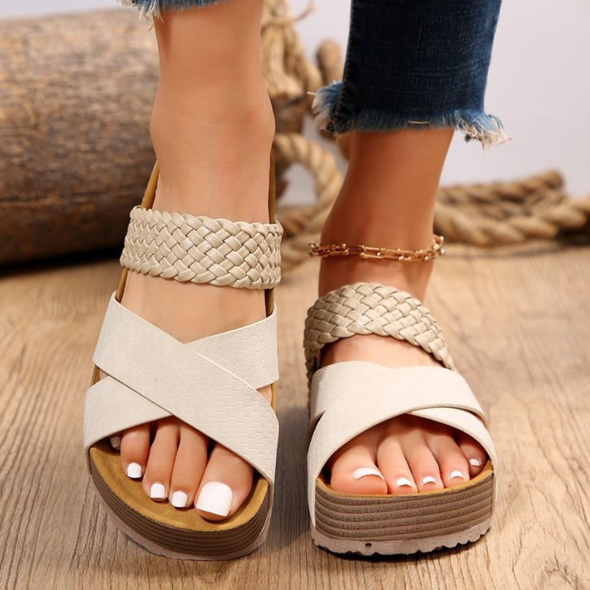 Crisscross Open Toe Platform Sandals Cream
