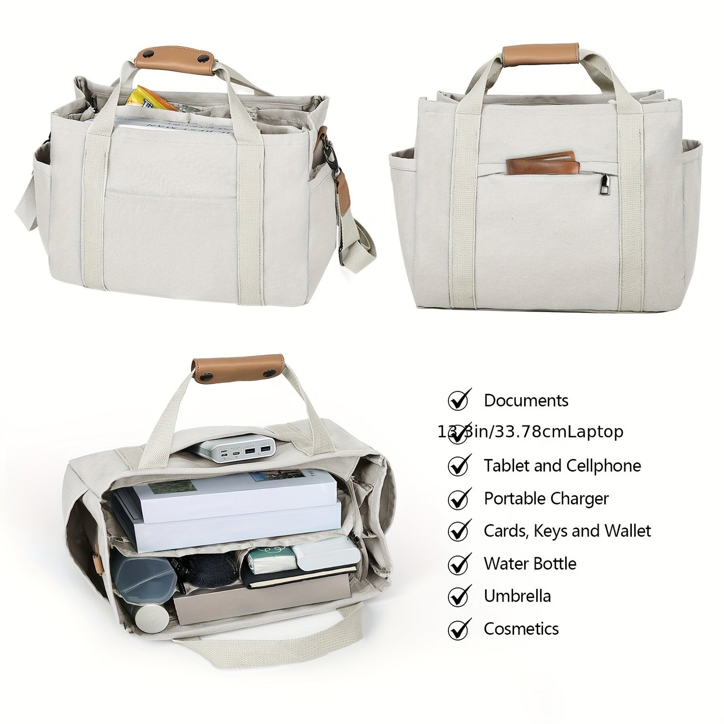 Women's Canvas Tote Bag with Multiple Pockets - Cute Crossbody Shoulder Purse for Work & Travel, Pink Mommy Handbag with Adjustable Strap