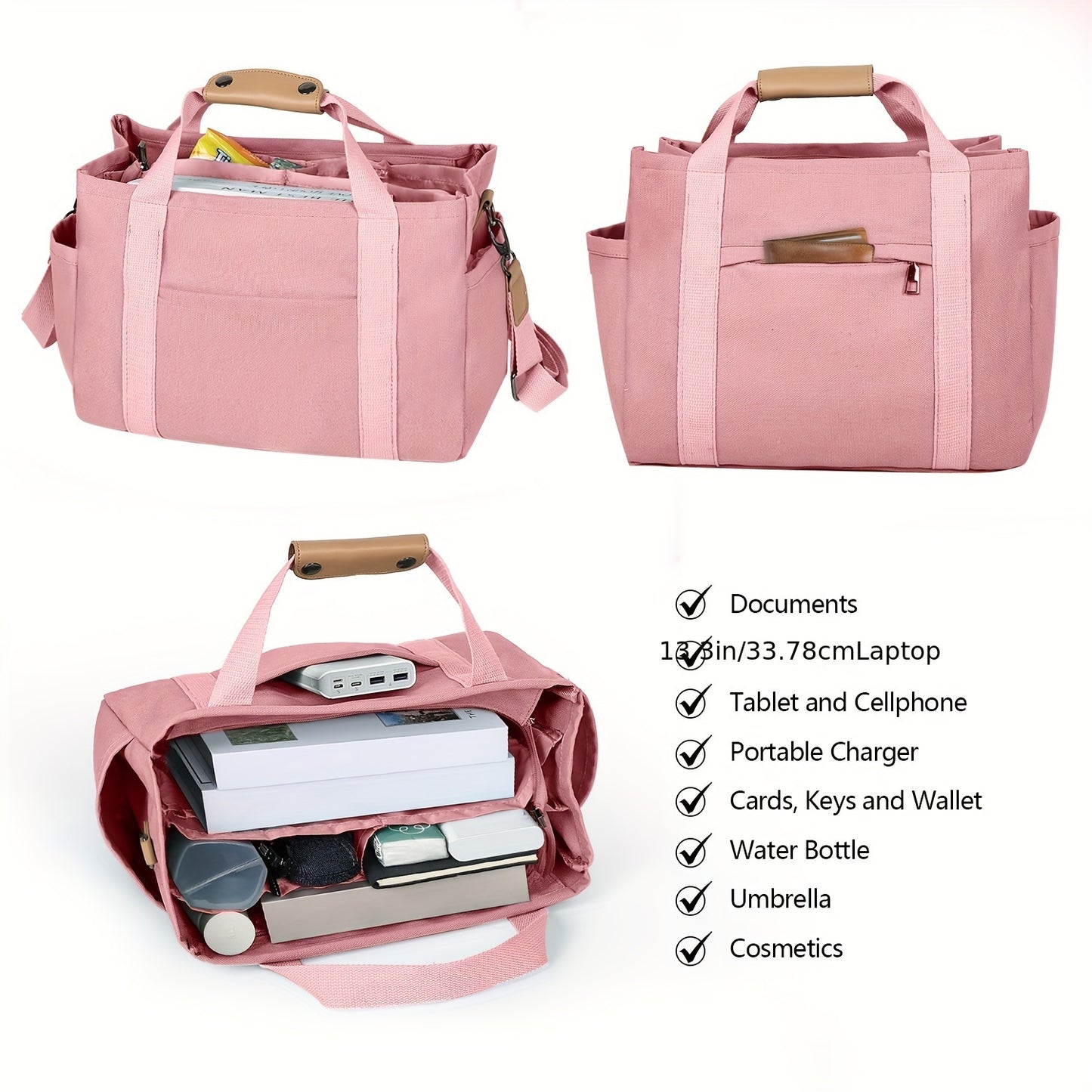 Women's Canvas Tote Bag with Multiple Pockets - Cute Crossbody Shoulder Purse for Work & Travel, Pink Mommy Handbag with Adjustable Strap