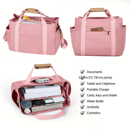 Women's Canvas Tote Bag with Multiple Pockets - Cute Crossbody Shoulder Purse for Work & Travel, Pink Mommy Handbag with Adjustable Strap