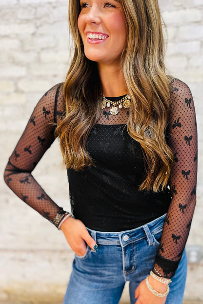 Black Bow Pattern Accent Mesh Long Sleeve Top Black / S / 90%Polyamide+10%Elastane Black / M / 90%Polyamide+10%Elastane Black / L / 90%Polyamide+10%Elastane Black / S / 90%Polyamide+10%Elastane-Black / M / 90%Polyamide+10%Elastane-Black / L / 90%Polyamide+10%Elastane-Black / XL / 90%Polyamide+10%Elastane-