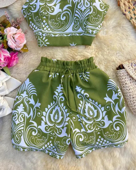 Floral V-Neck Spaghetti Strap Crop Top & Drawstring Shorts Set - Perfect Summer Style! green / S(4) green / M(6) green / L(8-10) green / S(4)-green / M(6)-green / L(8-10)-green / XL(12)-