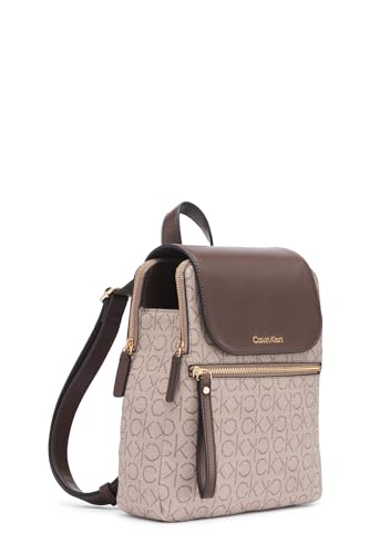 Calvin Klein Women's Elaine Signature Key Item Flap Backpack, Brown/Khaki/Luggage Saffiano, One Size