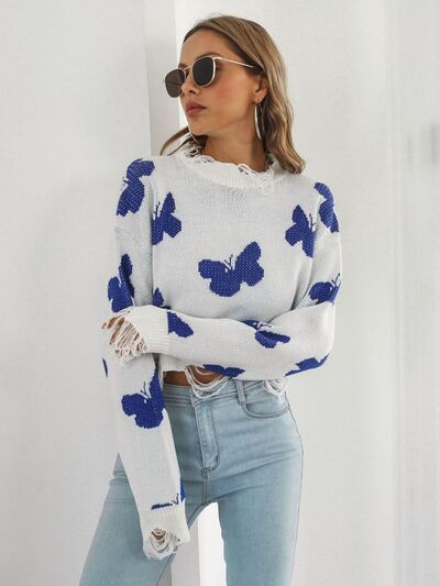 Distressed Butterfly Cropped Sweater White / S White / M White / L White / S-White / M-White / L-Black / S-Black / M-Black / L-Blush Pink / S-Blush Pink / M-Blush Pink / L-