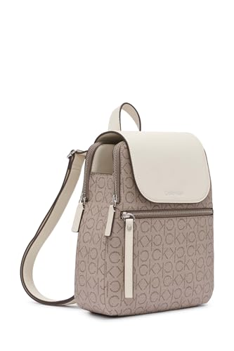Calvin Klein Women's Elaine Signature Key Item Flap Backpack, Brown/Khaki/Luggage Saffiano, One Size