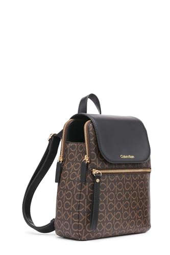 Calvin Klein Women's Elaine Signature Key Item Flap Backpack, Brown/Khaki/Luggage Saffiano, One Size