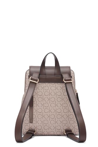 Calvin Klein Women's Elaine Signature Key Item Flap Backpack, Brown/Khaki/Luggage Saffiano, One Size