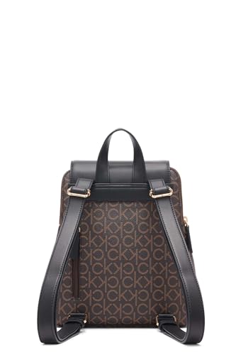 Calvin Klein Women's Elaine Signature Key Item Flap Backpack, Brown/Khaki/Luggage Saffiano, One Size