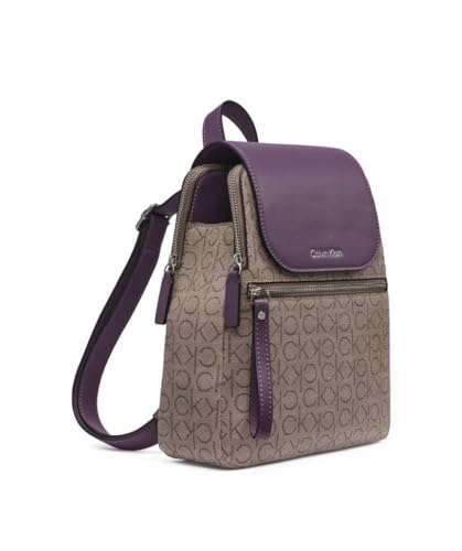 Calvin Klein Women's Elaine Signature Key Item Flap Backpack, Brown/Khaki/Luggage Saffiano, One Size
