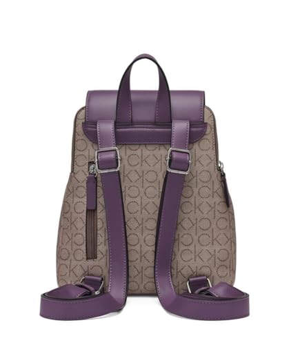 Calvin Klein Women's Elaine Signature Key Item Flap Backpack, Brown/Khaki/Luggage Saffiano, One Size