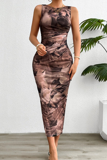 Printed Ruched Slit Sleeveless Midi Dress Brown / 2XL Brown / S Brown / L Brown / 2XL-Brown / S-Brown / L-Brown / M-Brown / XL-