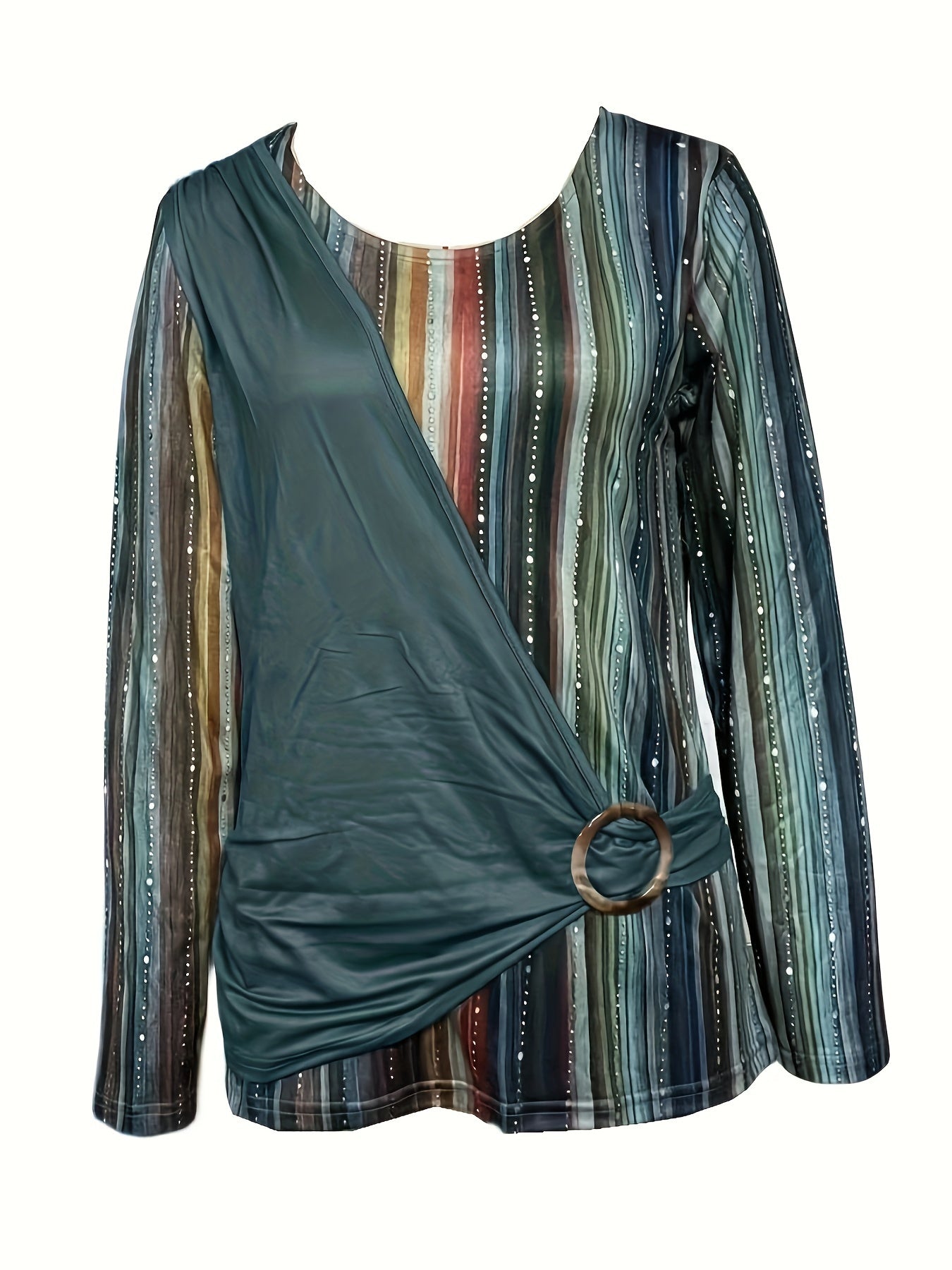 Stylish Circle Decorated Long-Sleeve Round Neck Printed T-Shirt - Soft Casual Top for Autumn and Spring - Fashionable Circle Pattern Design