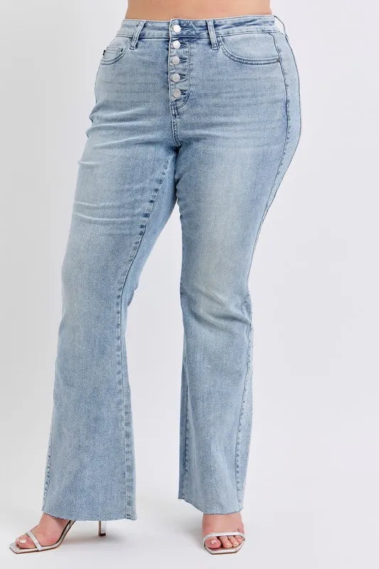 Judy Blue Full Size Midi Rise Rhinestone Side Panel Detail Flare Jeans Plus Size LT / 1(25) LT / 5(27) LT / 7(28) LT / 1(25)-LT / 5(27)-LT / 7(28)-LT / 9(29)-LT / 20W-LT / 0(24)-LT / 3(26)-LT / 11(30)-LT / 13(31)-LT / 15(32)-LT / 14W-LT / 16W-LT / 18W-LT / 22W-LT / 24W-