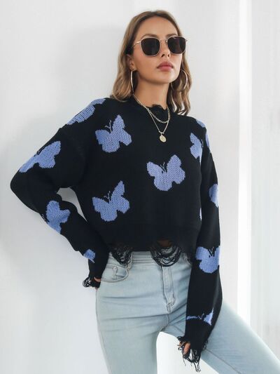 Distressed Butterfly Cropped Sweater White / S White / M White / L White / S-White / M-White / L-Black / S-Black / M-Black / L-Blush Pink / S-Blush Pink / M-Blush Pink / L-