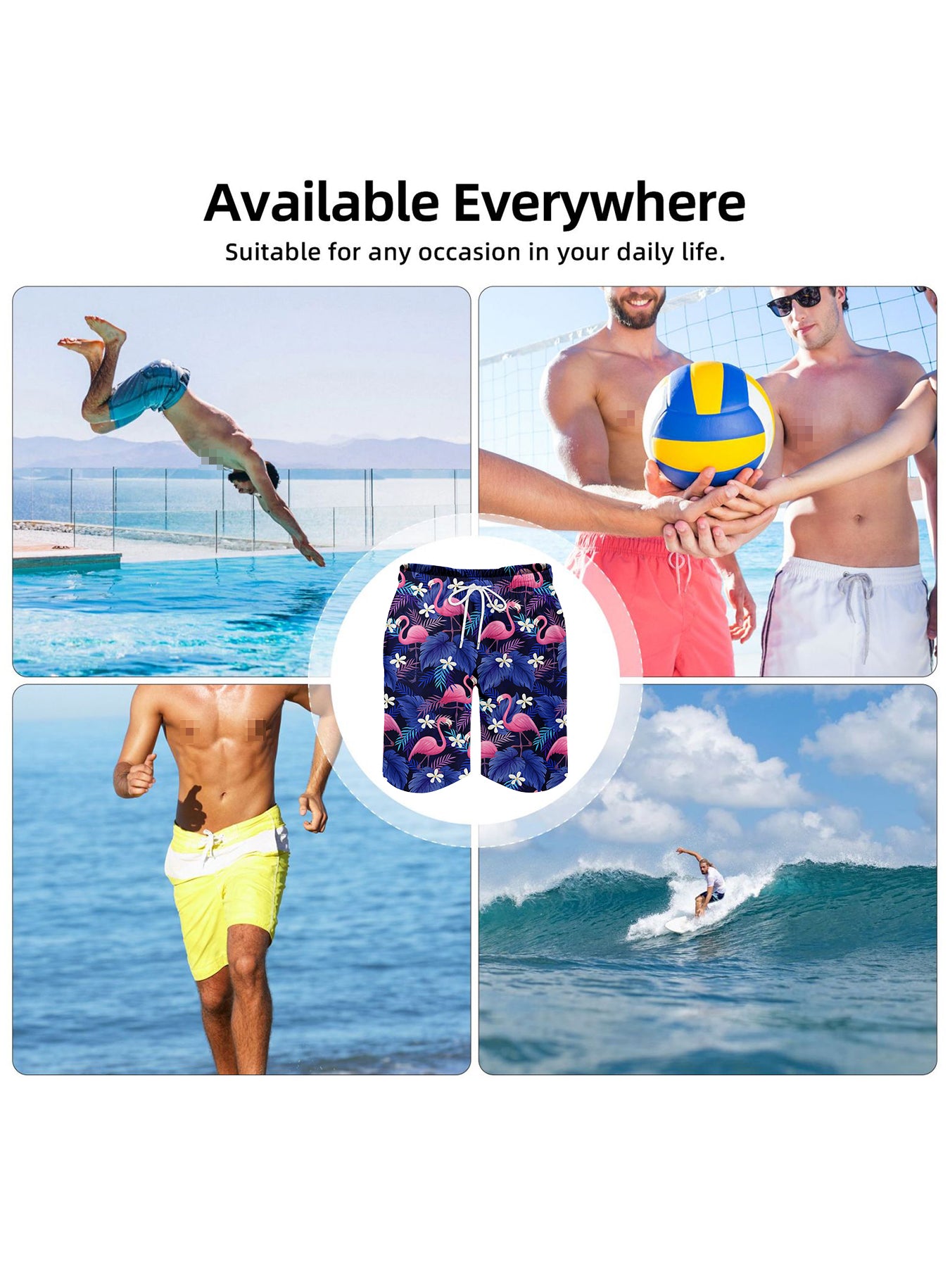 Men'S Tropical Quick-Dry Swim Trunks with Flamingo & Palm Tree Print, Dark Blue Drawstring Beach Shorts with Compression Stretch & Pockets - Casual Sporty Style for Summer, Summer Swimwear | Tropical Print Shorts | Drawstring