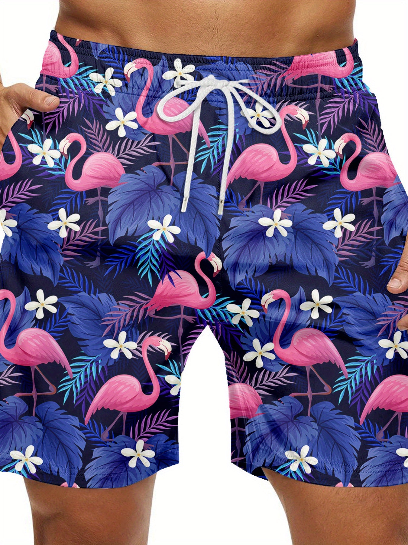 Men'S Tropical Quick-Dry Swim Trunks with Flamingo & Palm Tree Print, Dark Blue Drawstring Beach Shorts with Compression Stretch & Pockets - Casual Sporty Style for Summer, Summer Swimwear | Tropical Print Shorts | Drawstring