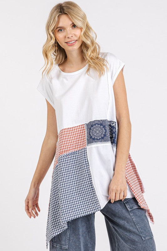 Mittoshop Patchwork Mineral Washed Round Neck Cap Sleeve Top White / S White / M White / L White / S-White / M-White / L-