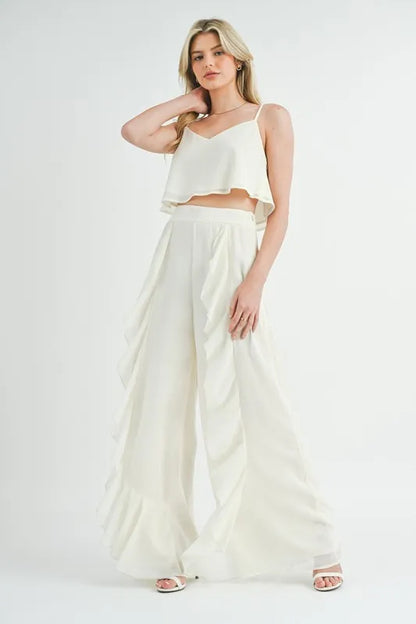 MABLE Crop Cami and Ruffled Wide Leg Pants Set Cream / S Cream / L Cream / M Cream / S-Cream / L-Cream / M-