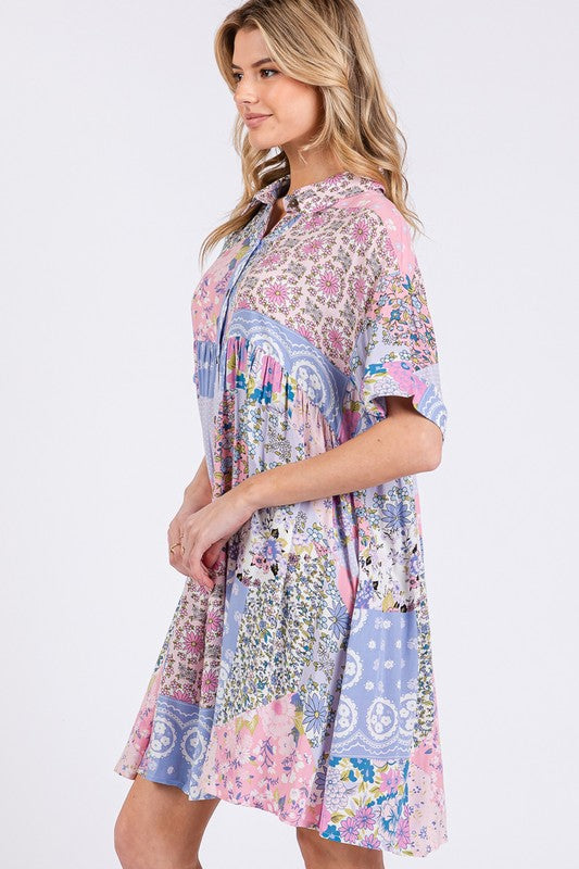 SAGE + FIG Floral Collared Neck Half Sleeve Mini Shirt Dress