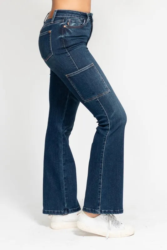 Judy Blue Full Size High Waist Cargo Bootcut Jeans Plus Size DK / 1(25) DK / 3(26) DK / 5(27) DK / 1(25)-DK / 3(26)-DK / 5(27)-DK / 7(28)-DK / 9(29)-DK / 11(30)-DK / 13(31)-DK / 15(32)-DK / 14W-DK / 16W-DK / 18W-DK / 20W-DK / 22W-DK / 24W-DK / 0(24)-