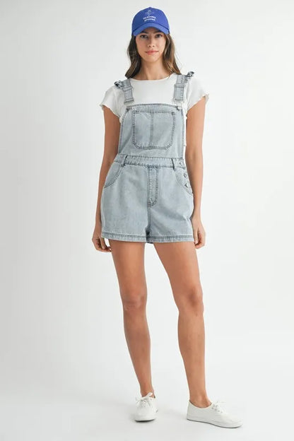 MABLE Square Neck Ruffle Shoulder Denim Overall Romper Lt Denim / S Lt Denim / M Lt Denim / L Lt Denim / S-Lt Denim / M-Lt Denim / L-