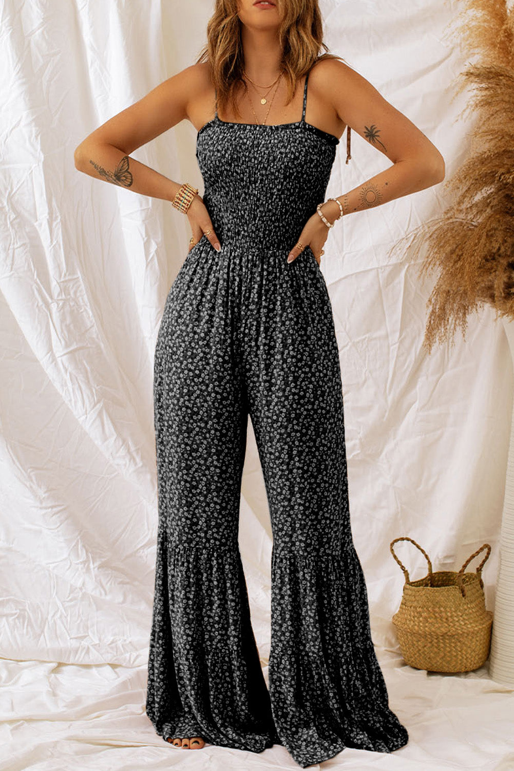 Dusk Blue Floral Print Spaghetti Straps Smocked Wide Leg Jumpsuit