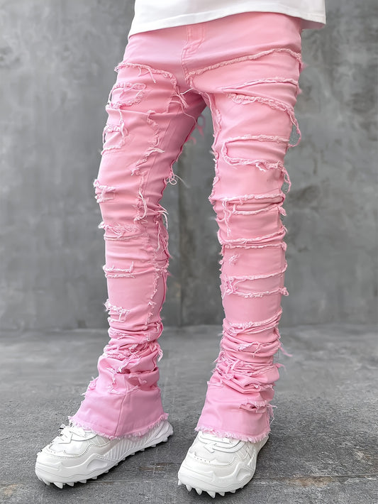 Men's Slim-Fit Stretch Denim Jeans with Raw Trim & Tassel Details -  Distressed Street Style Hip-Hop Pink / S Pink / M Pink / L Pink / S-Pink / M-Pink / L-Pink / XL-Pink / XXL-