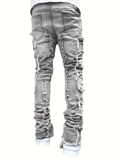 Men's Slim-Fit Stretch Denim Jeans with Raw Trim & Tassel Details -  Distressed Street Style Hip-Hop Pink / S Pink / M Pink / L Pink / S-Pink / M-Pink / L-Pink / XL-Pink / XXL-
