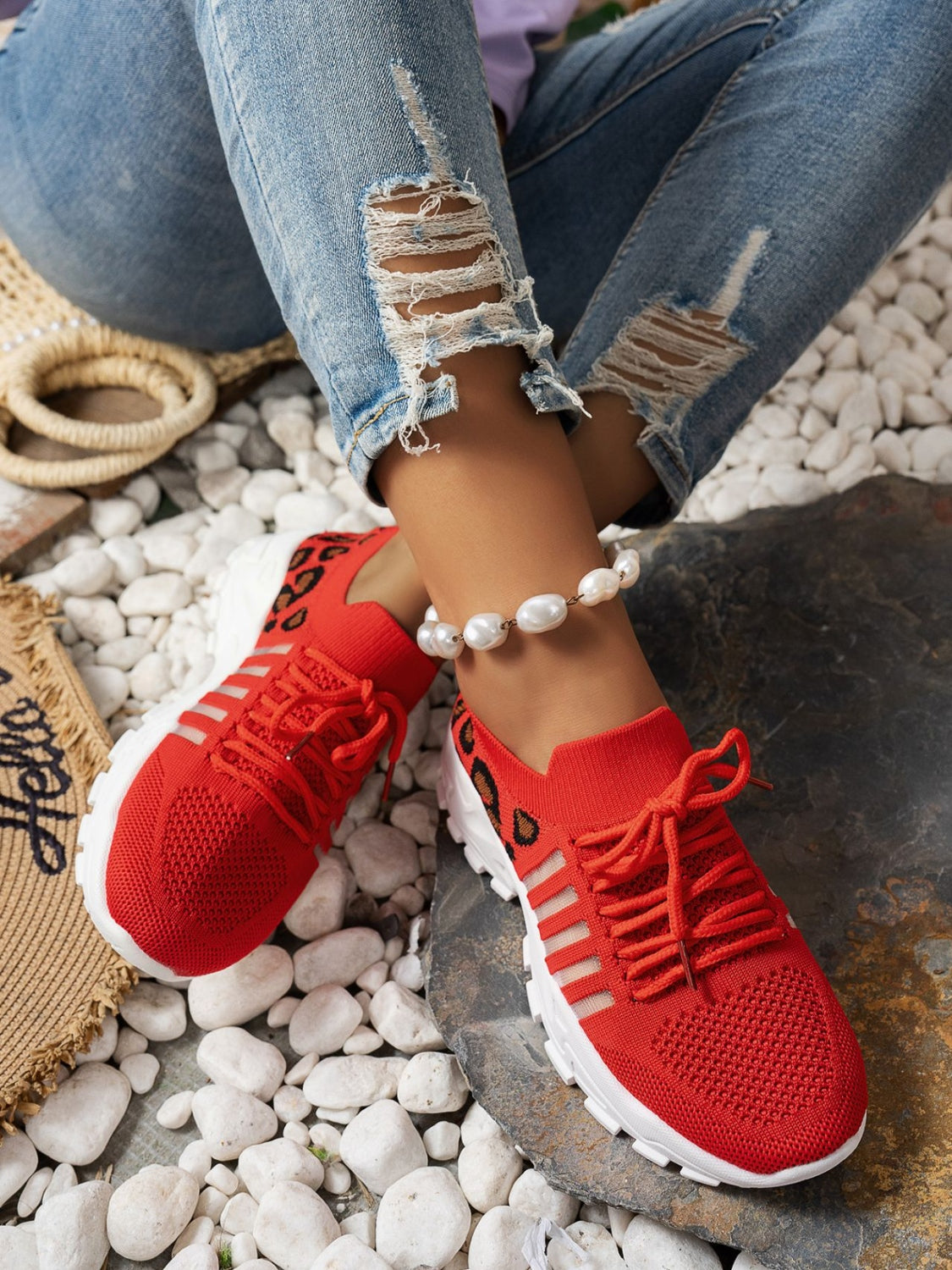 Cutout Leopard Lace Up Mesh Athletic Red