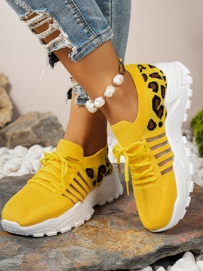 Cutout Leopard Lace Up Mesh Athletic Yellow