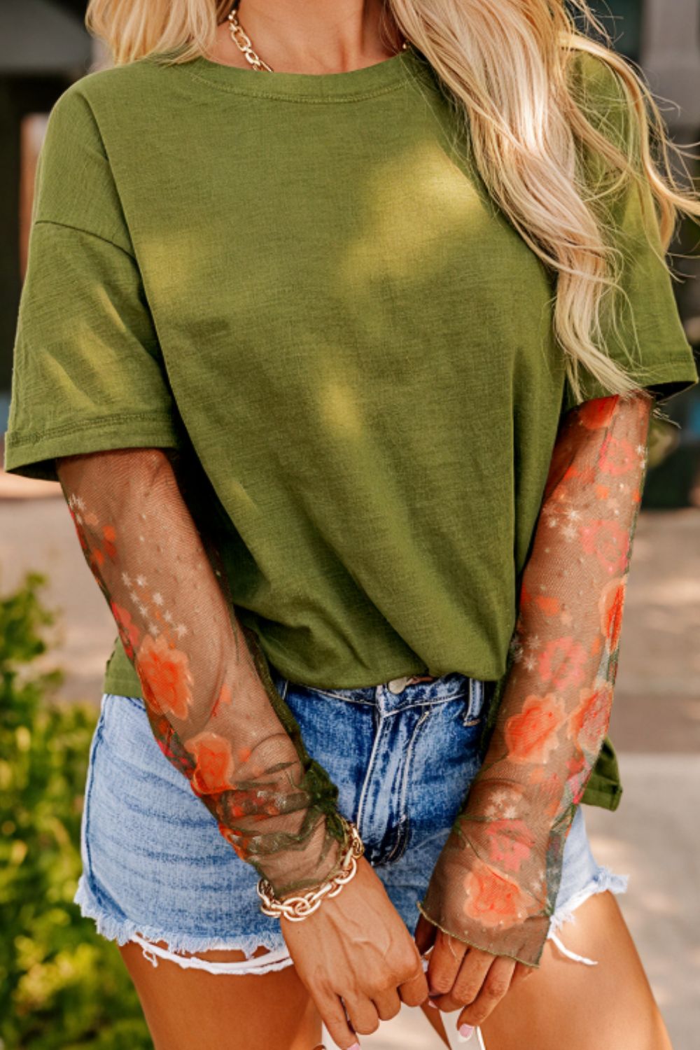 Faux Two Piece Floral Long Sleeve Patchwork Top Black / S Black / M 